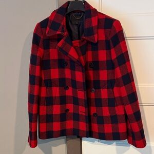 J. Crew Red and Black Buffalo Plaid Double-Breasted Peacoat
